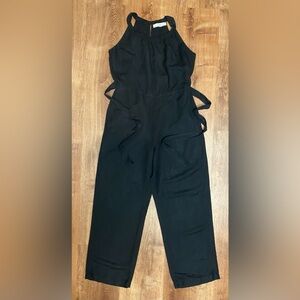 LOFT Sleeveless halter belted wide leg Jumpsuit linen blend black S